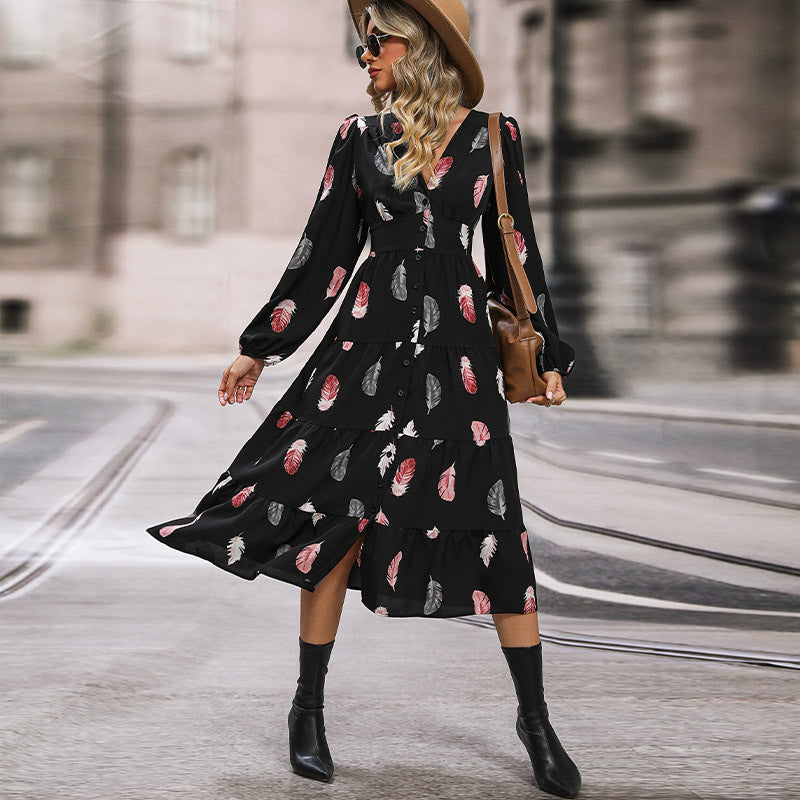Feather Print A-Line Midi Dress with V-Neck and Ruffled Hem