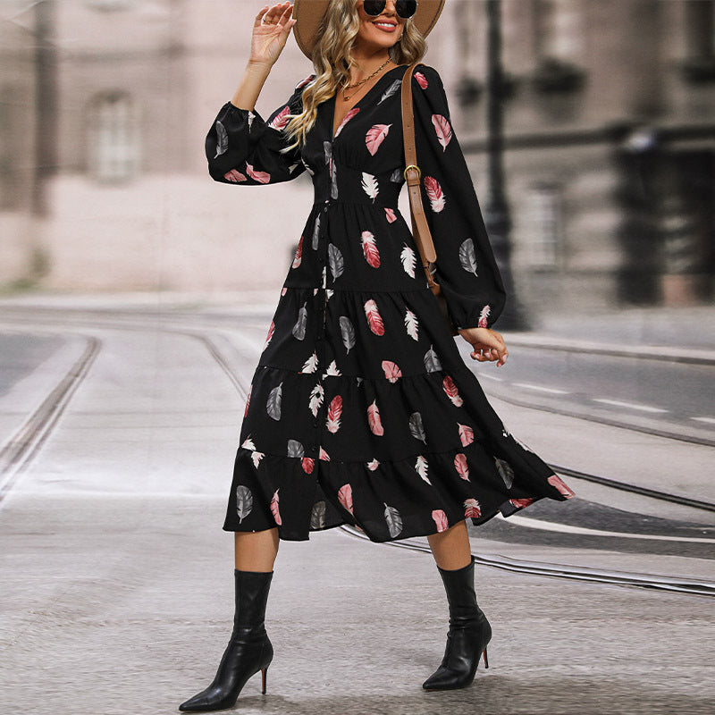 Feather Print A-Line Midi Dress with V-Neck and Ruffled Hem
