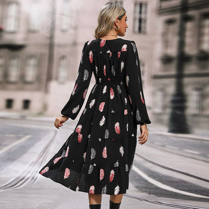 Feather Print A-Line Midi Dress with V-Neck and Ruffled Hem