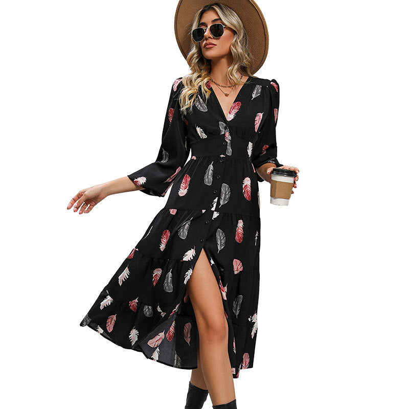 Feather Print A-Line Midi Dress with V-Neck and Ruffled Hem
