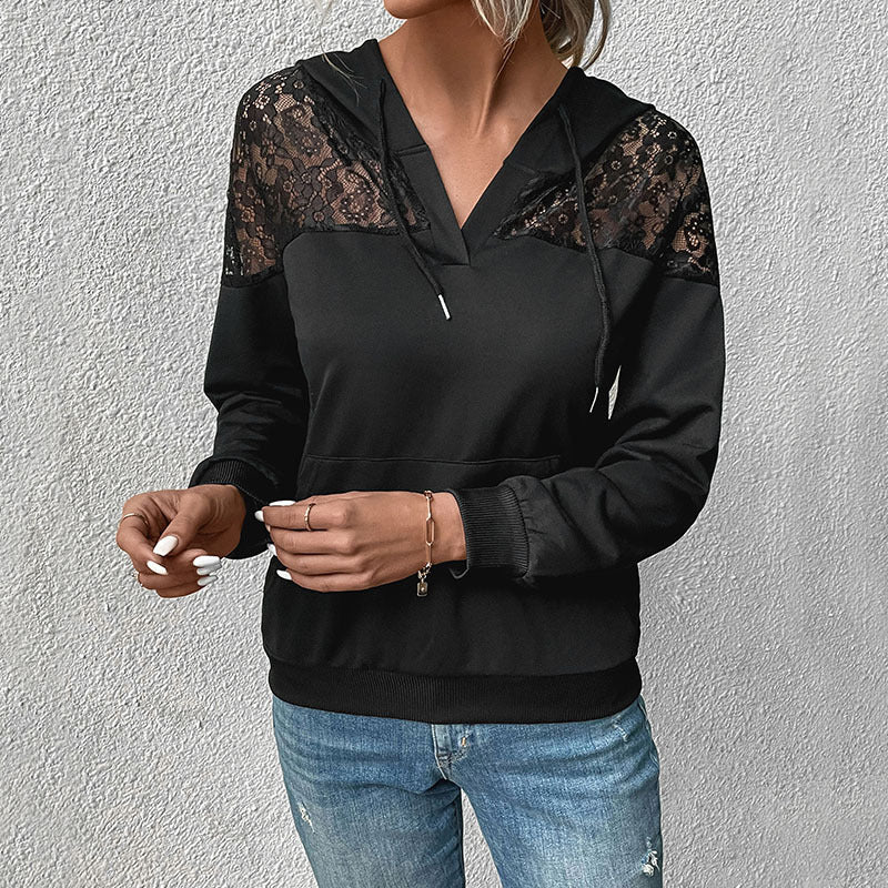 Solid Hoodie with Lace Patchwork and V-Neck