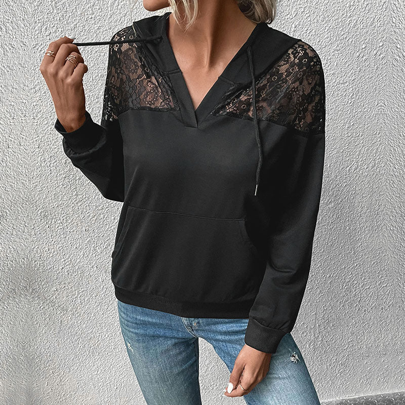 Solid Hoodie with Lace Patchwork and V-Neck