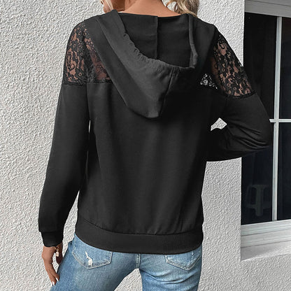Solid Hoodie with Lace Patchwork and V-Neck