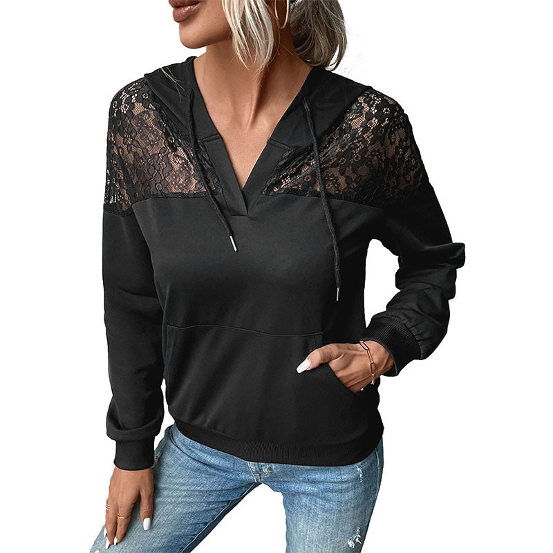 Solid Hoodie with Lace Patchwork and V-Neck