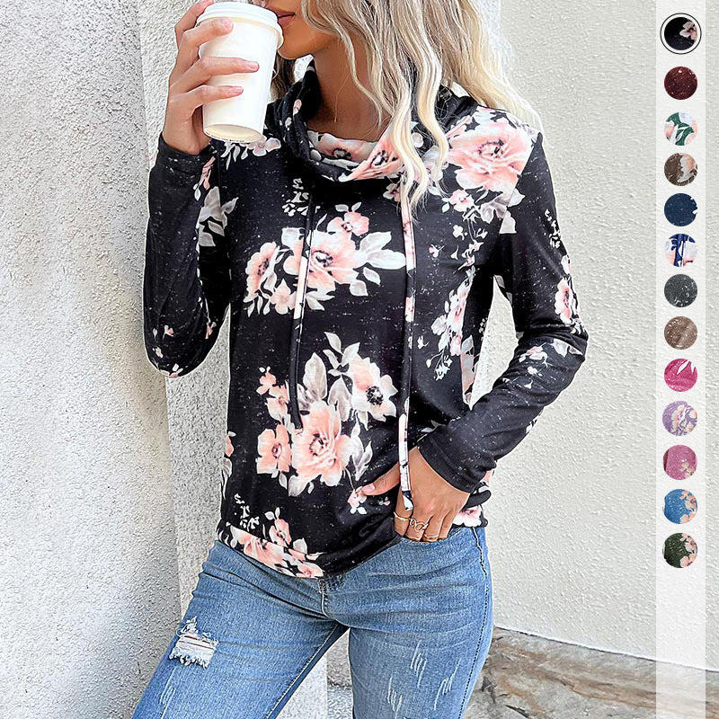 Floral Print Sweatshirt with Cowl Neck and Drawstring