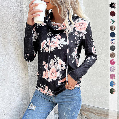 Floral Print Sweatshirt with Cowl Neck and Drawstring