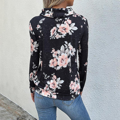 Floral Print Sweatshirt with Cowl Neck and Drawstring