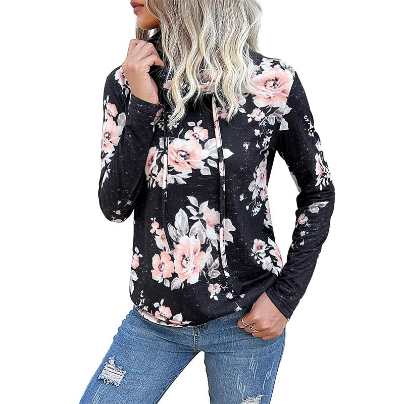 Floral Print Sweatshirt with Cowl Neck and Drawstring