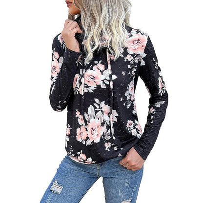 Floral Print Sweatshirt with Cowl Neck and Drawstring