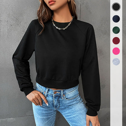 Solid Crewneck Cropped Sweatshirt with Raglan Sleeves