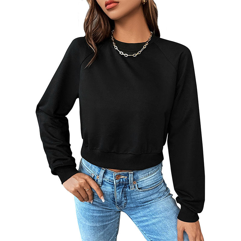 Solid Crewneck Cropped Sweatshirt with Raglan Sleeves
