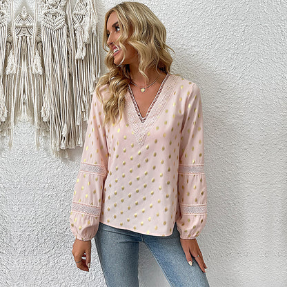 Gold Dot Blouse with V-Neck and Lace Trim