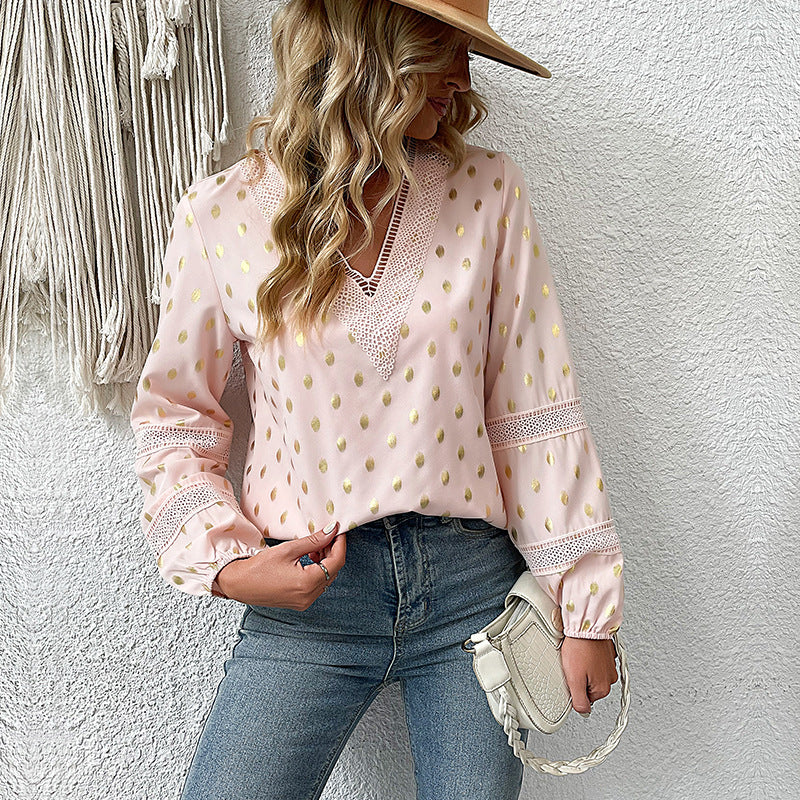 Gold Dot Blouse with V-Neck and Lace Trim