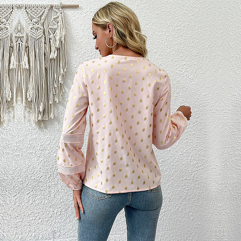 Gold Dot Blouse with V-Neck and Lace Trim
