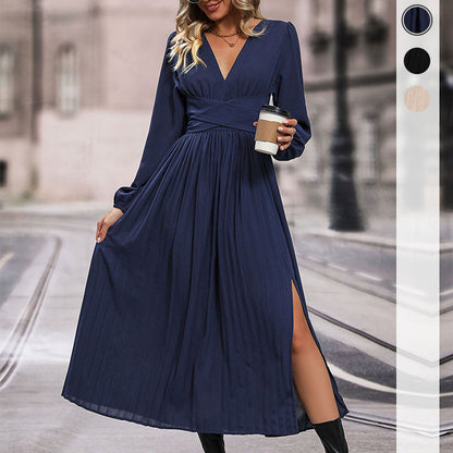 Solid Pleated Maxi Dress with V-Neck and Wrapped Waist