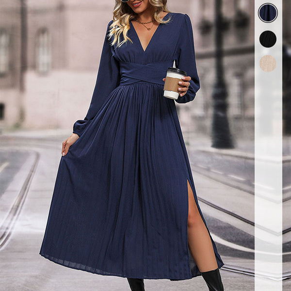 Solid Pleated Maxi Dress with V-Neck and Wrapped Waist