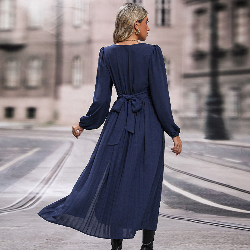 Solid Pleated Maxi Dress with V-Neck and Wrapped Waist