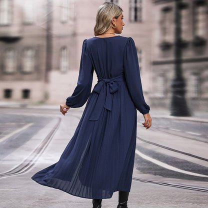 Solid Pleated Maxi Dress with V-Neck and Wrapped Waist