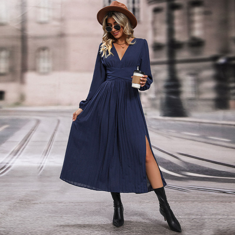 Solid Pleated Maxi Dress with V-Neck and Wrapped Waist