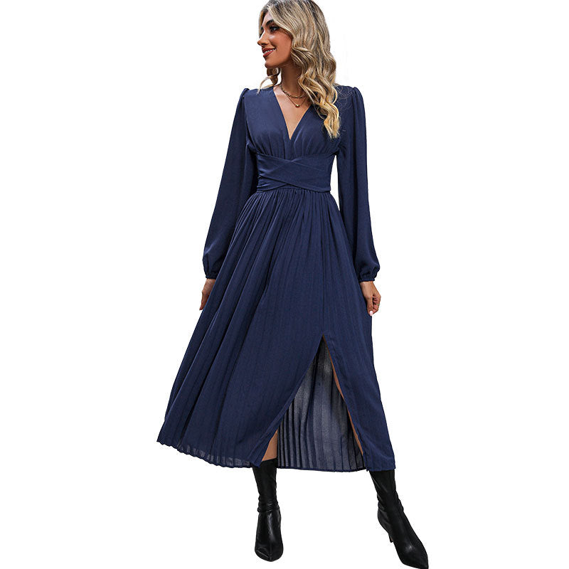 Solid Pleated Maxi Dress with V-Neck and Wrapped Waist