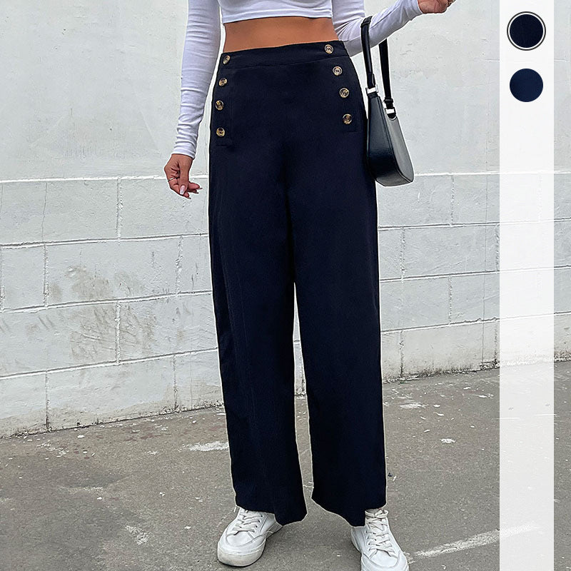 Straight-Leg Trousers with High-Waist Button Front