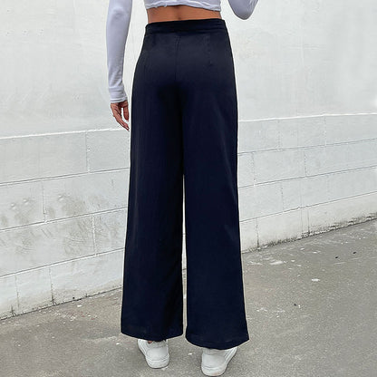 Straight-Leg Trousers with High-Waist Button Front