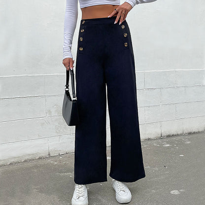 Straight-Leg Trousers with High-Waist Button Front