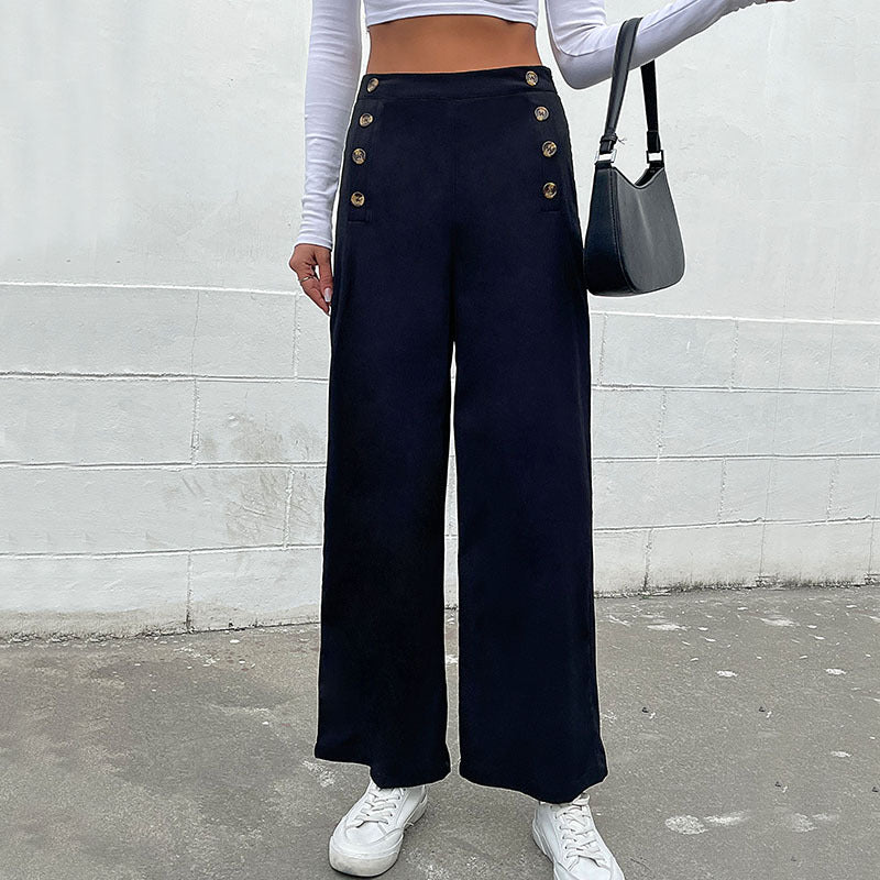 Straight-Leg Trousers with High-Waist Button Front