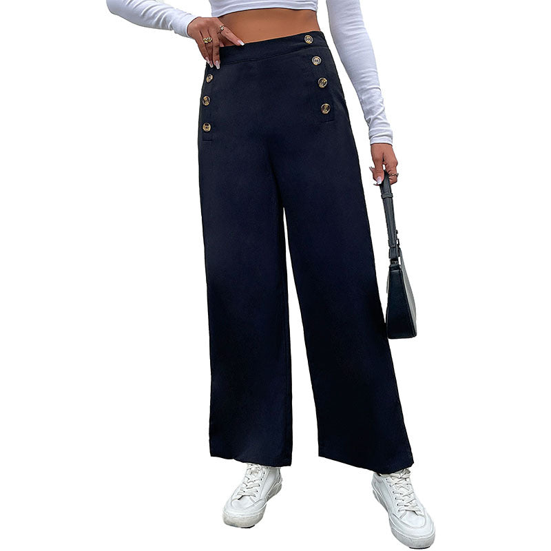 Straight-Leg Trousers with High-Waist Button Front