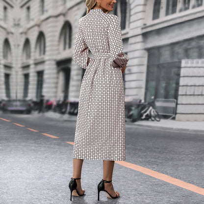 Geometric Print Midi Shirt Dress with Tie-Waist and Slit