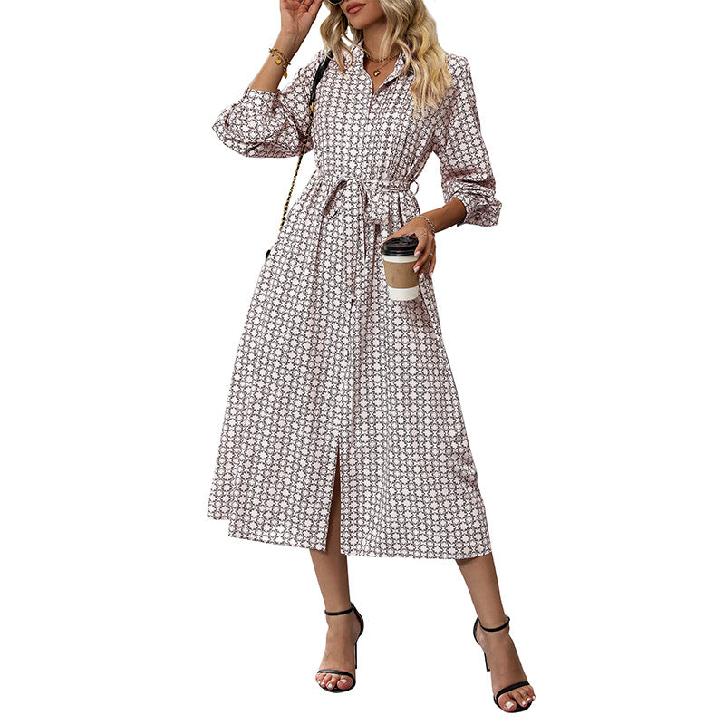 Geometric Print Midi Shirt Dress with Tie-Waist and Slit