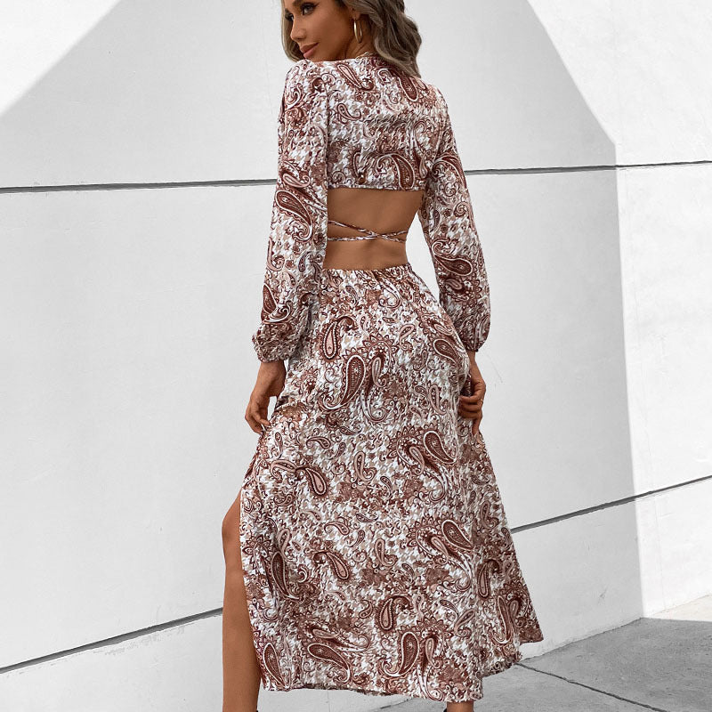 Paisley Print Skirt Set with Tie-Waist Crop Top and High-Slit Maxi Skirt