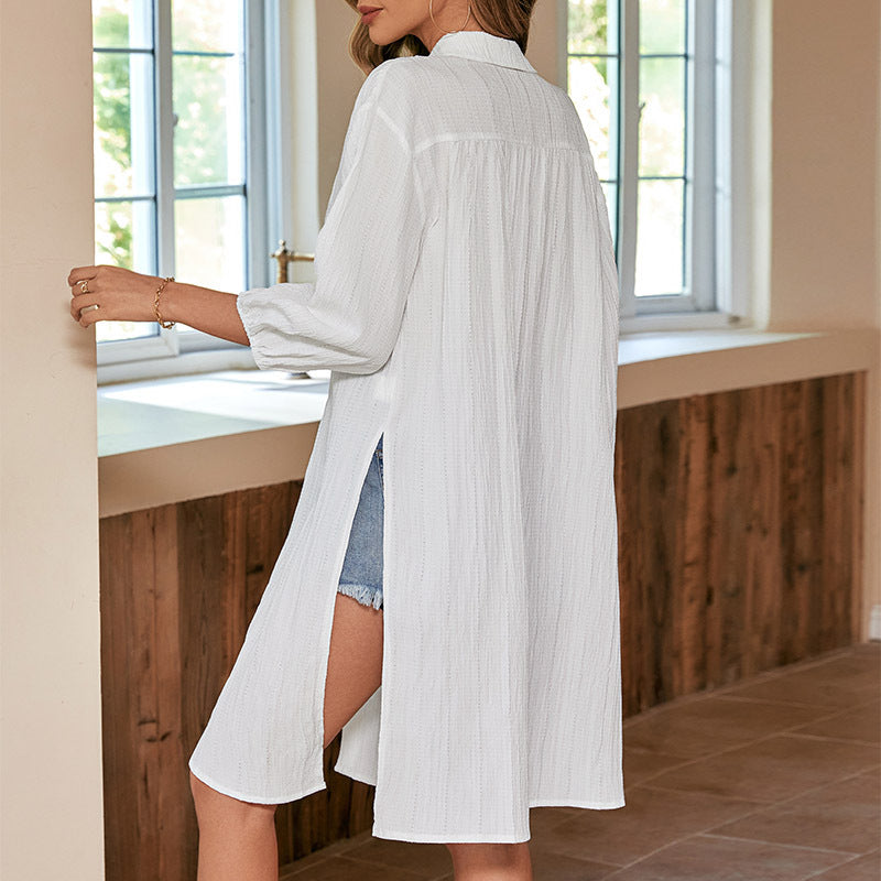 Solid Oversized Button-Down Shirt with Lapel Collar