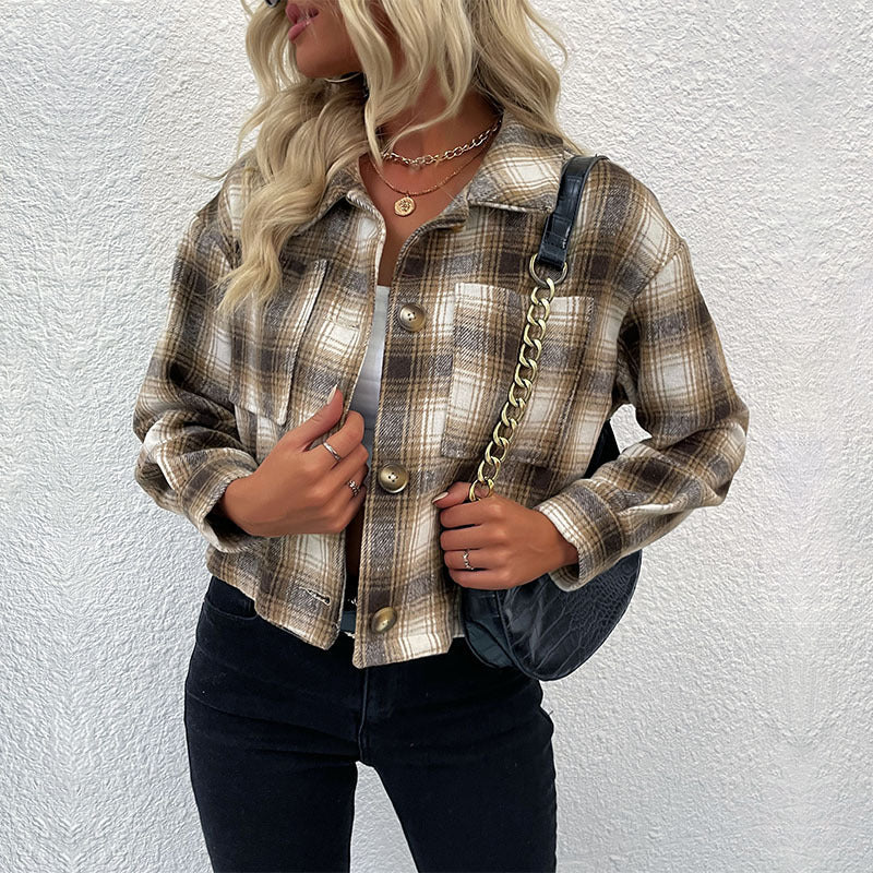 Plaid Cropped Shacket with Button Front and Lapel Collar