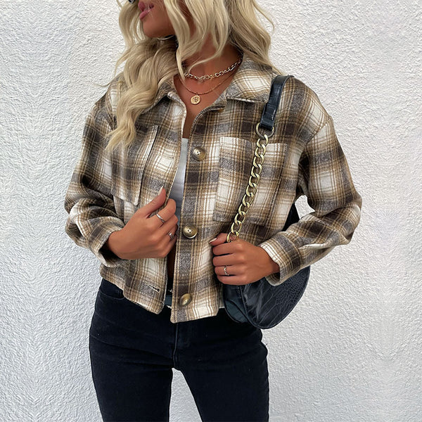 Plaid Cropped Shacket with Button Front and Lapel Collar