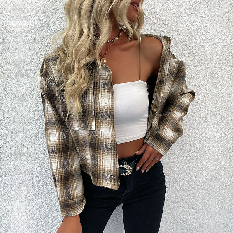 Plaid Cropped Shacket with Button Front and Lapel Collar