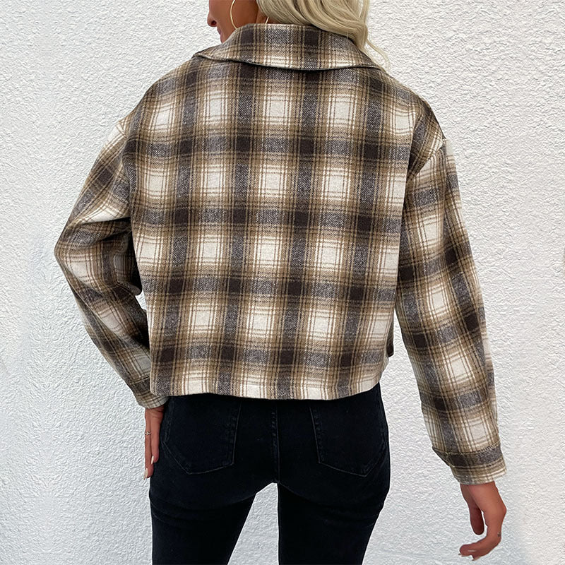 Plaid Cropped Shacket with Button Front and Lapel Collar