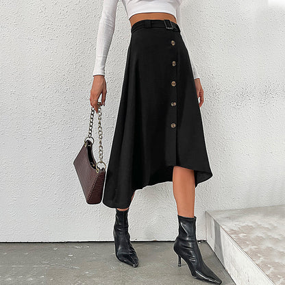 A-Line Midi Skirt with Button-Front Slit and Belt