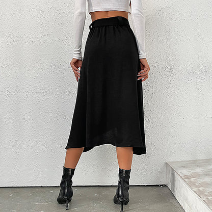 A-Line Midi Skirt with Button-Front Slit and Belt