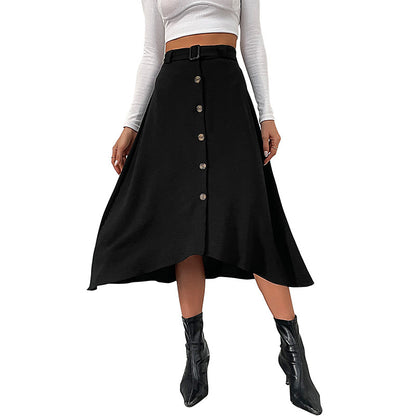 A-Line Midi Skirt with Button-Front Slit and Belt