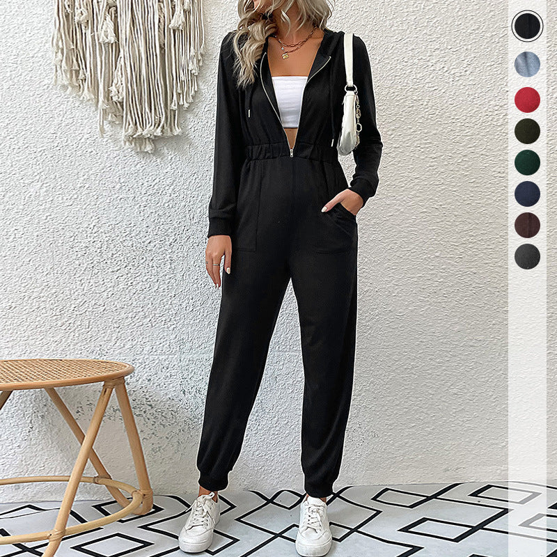 Hooded Jumpsuit with Half-Zip and Drawstring Waist