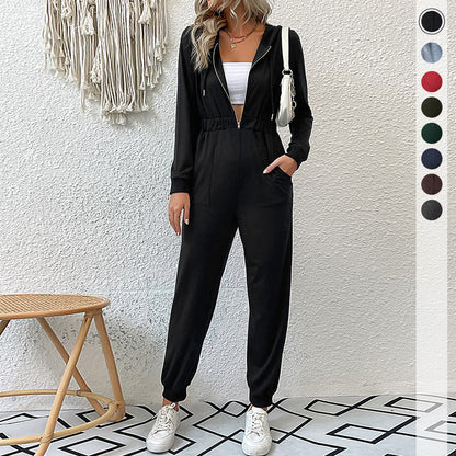 Hooded Jumpsuit with Half-Zip and Drawstring Waist