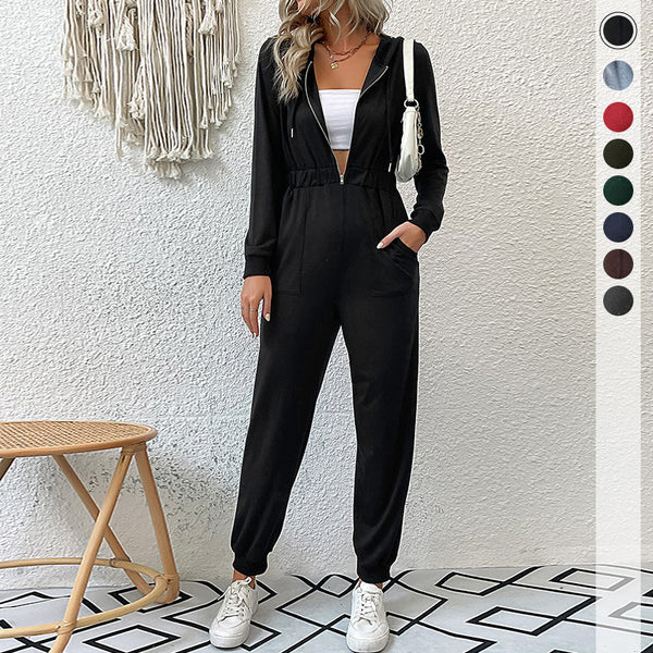 Hooded Jumpsuit with Half-Zip and Drawstring Waist