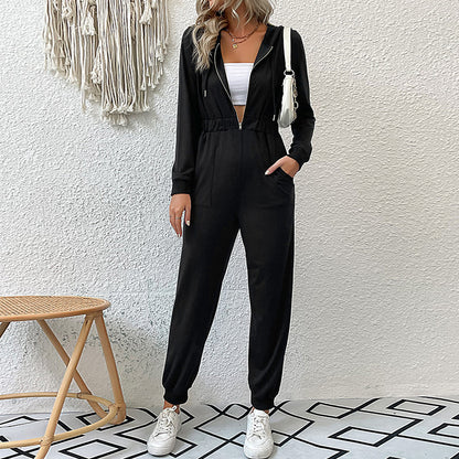 Hooded Jumpsuit with Half-Zip and Drawstring Waist