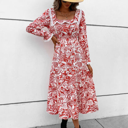 A-Line Midi Dress in Red Floral Print with Lace Trim Collar