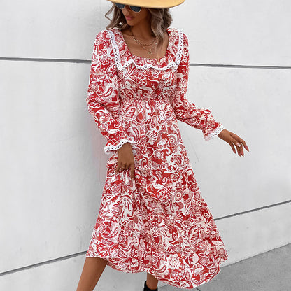 A-Line Midi Dress in Red Floral Print with Lace Trim Collar