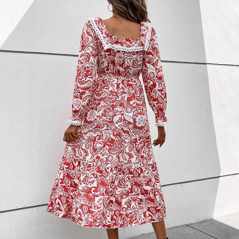 A-Line Midi Dress in Red Floral Print with Lace Trim Collar