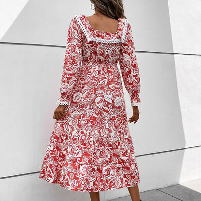 A-Line Midi Dress in Red Floral Print with Lace Trim Collar