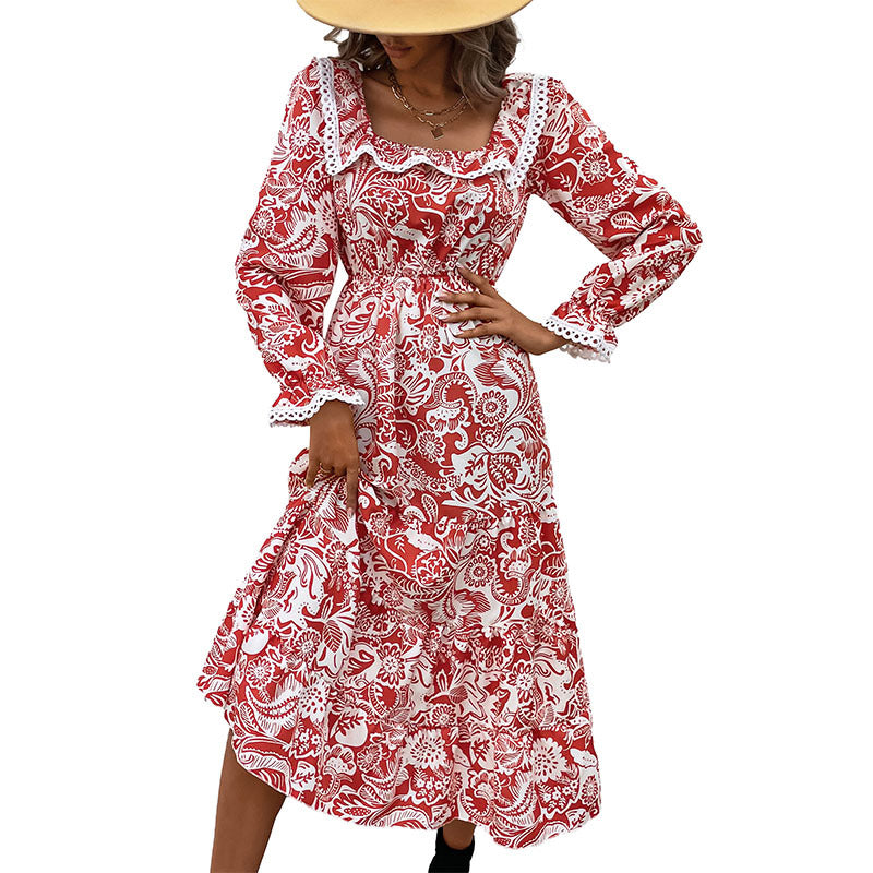A-Line Midi Dress in Red Floral Print with Lace Trim Collar