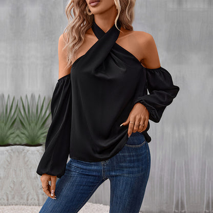 Solid Halter Neck Blouse with Twisted Front and Off-Shoulder